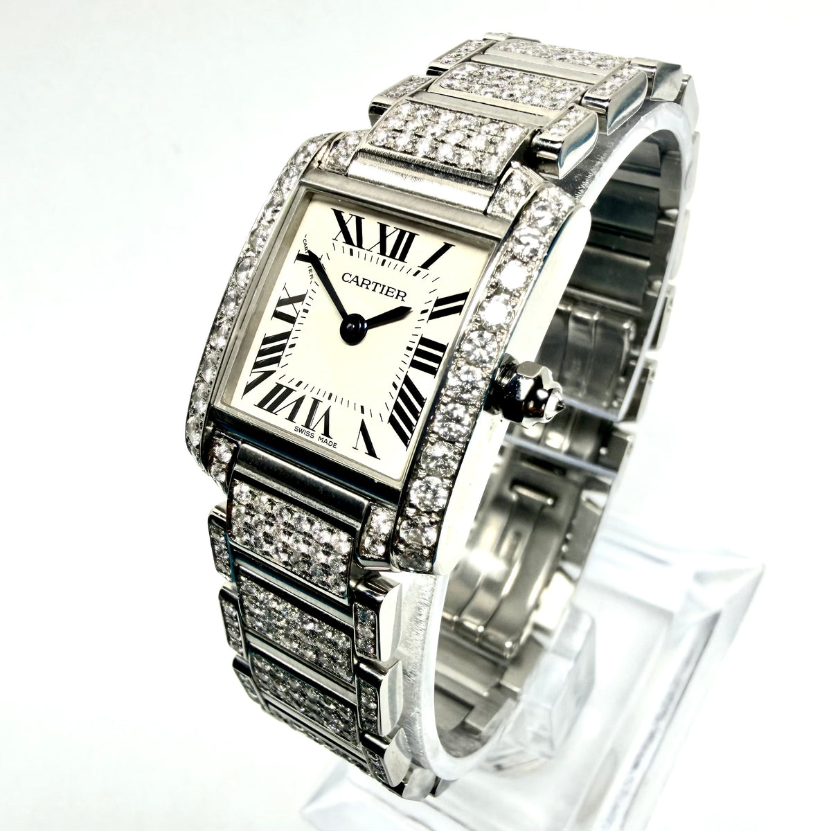 CARTIER TANK FRANCAISE Quartz 20mm Steel 6.11TCW Full DIAMOND Watch Cream Dial