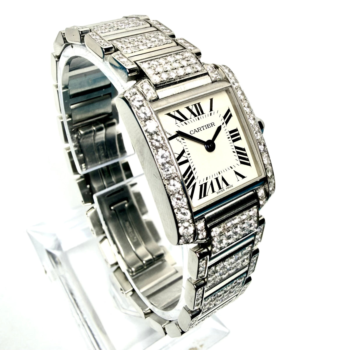 CARTIER TANK FRANCAISE Quartz 20mm Steel 6.11TCW Full DIAMOND Watch Cream Dial