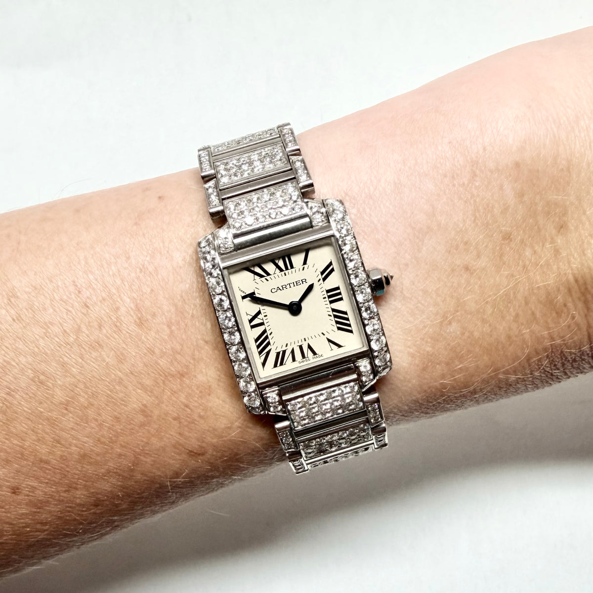 CARTIER TANK FRANCAISE Quartz 20mm Steel 6.11TCW Full DIAMOND Watch Cream Dial