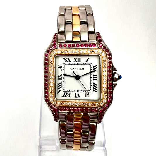 CARTIER PANTHERE 27mm 1 Row Gold 0.48TCW Diamonds & 0.77TCW Red Rubies Watch