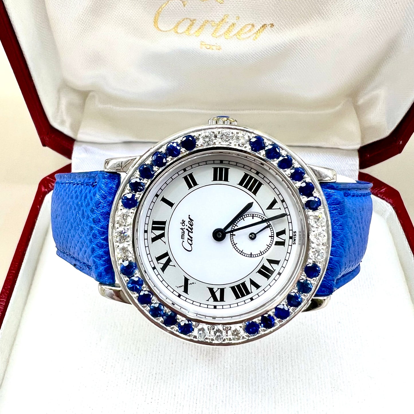 CARTIER RONDE 32mm Quartz Silver 0.52TCW DIAMONDS &amp; 2.52TCW Blue SAPPHIRES Watch