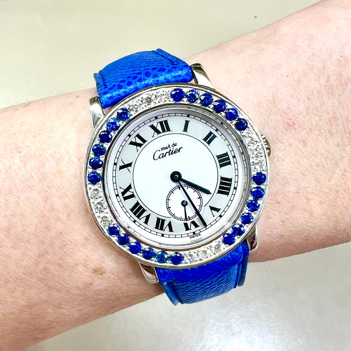 CARTIER RONDE 32mm Quartz Silver 0.52TCW DIAMONDS &amp; 2.52TCW Blue SAPPHIRES Watch