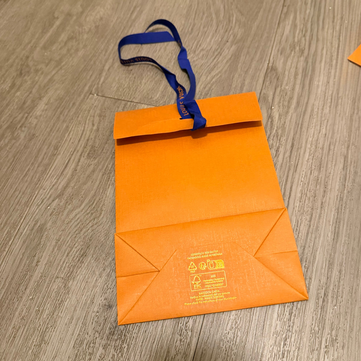 LOUIS VUITTON Orange Matte Paper Shopping Gift Bag 8.30x5.90x3” + Receipt Holder