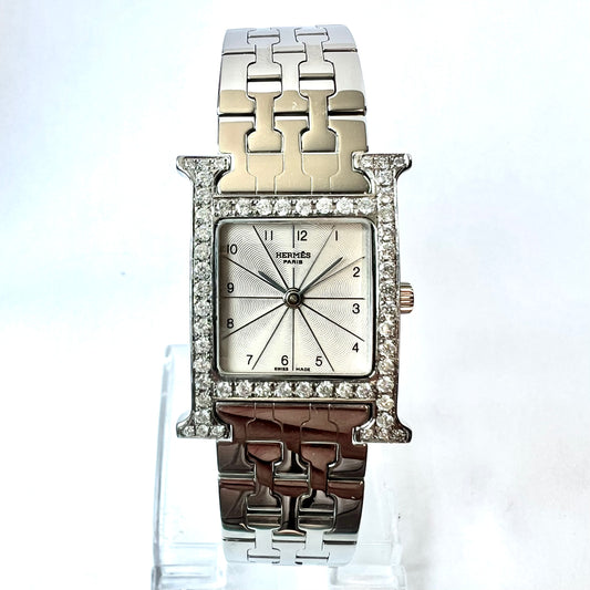 HERMÈS HEURE H Quartz 25mm Steel 0.91TCW DIAMOND Watch Silver Dial