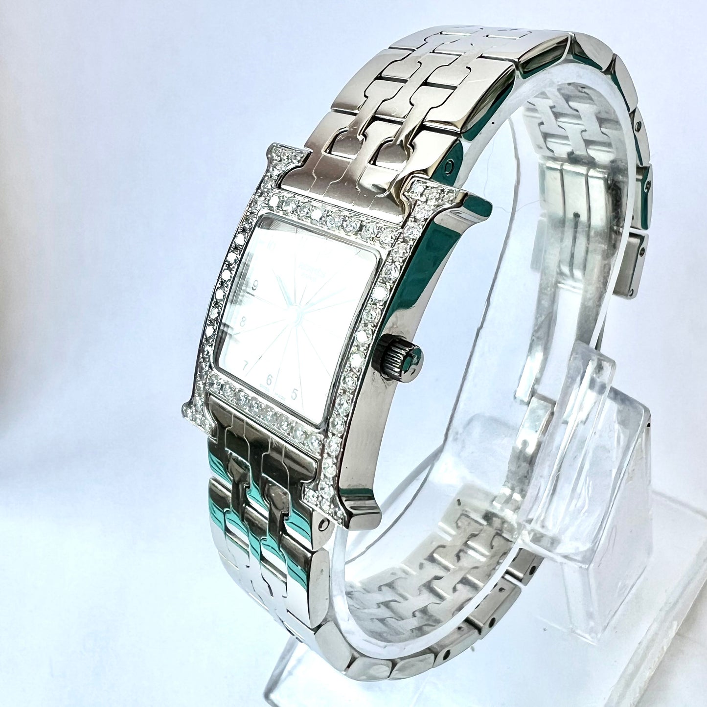 HERMÈS HEURE H Quartz 25mm Steel 0.91TCW DIAMOND Watch Silver Dial