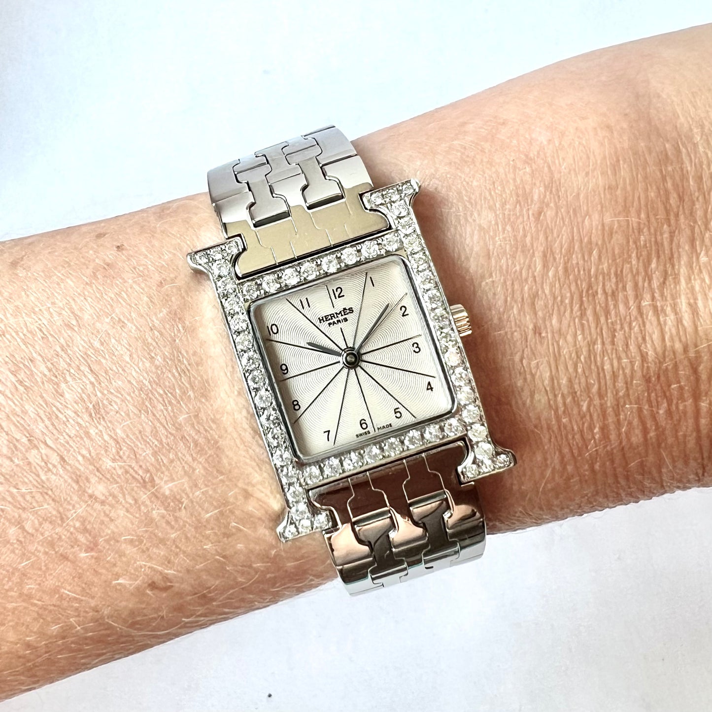 HERMÈS HEURE H Quartz 25mm Steel 0.91TCW DIAMOND Watch Silver Dial