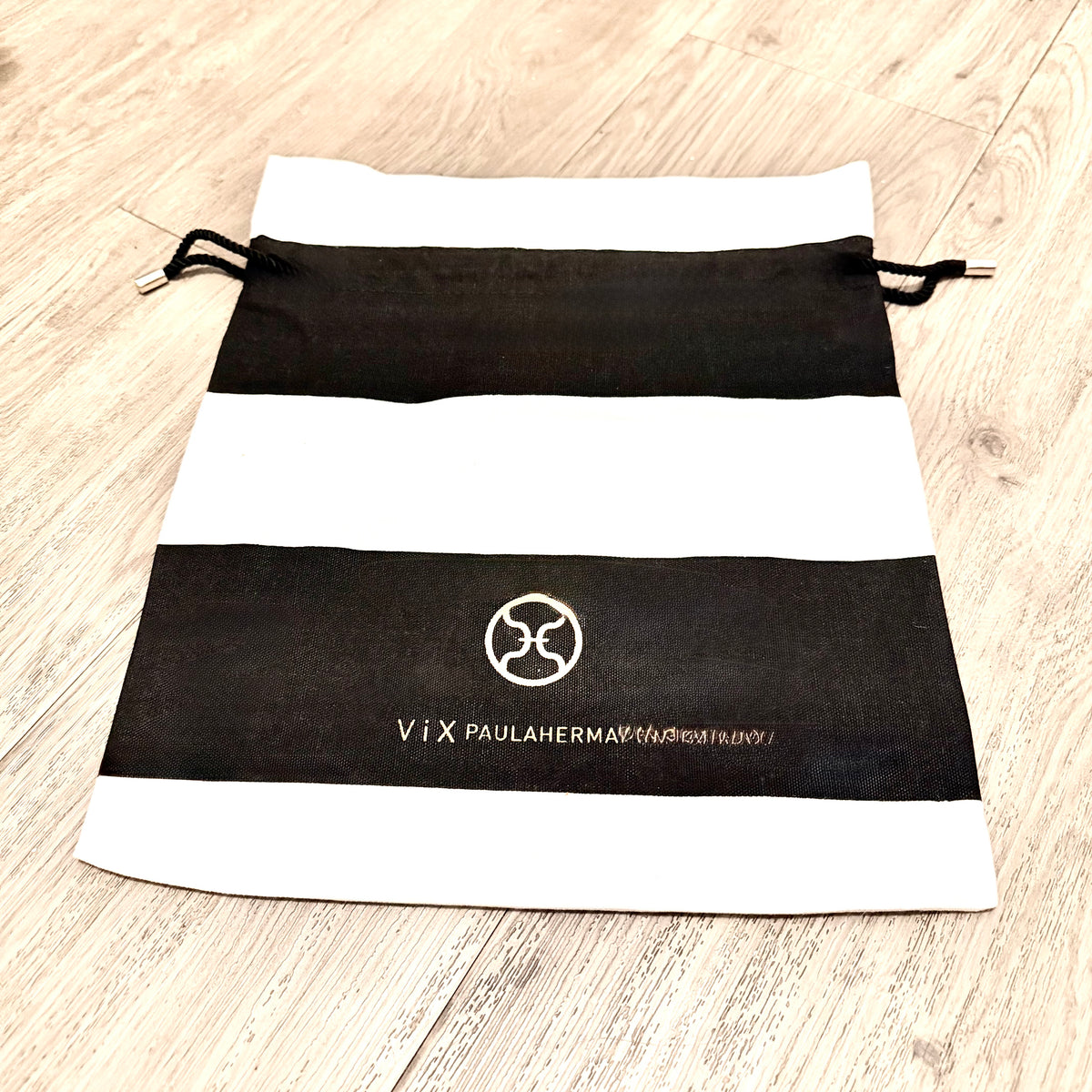 VIX Paulahermanny Cotton White/Black Gold Logo Drawstring Dust Bag 14.10x12.10”