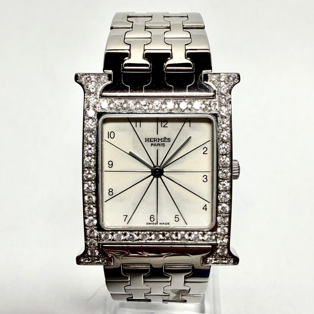 HERMÈS HEURE H Quartz 29mm Steel 1.75TCW DIAMOND Watch Off White Dial