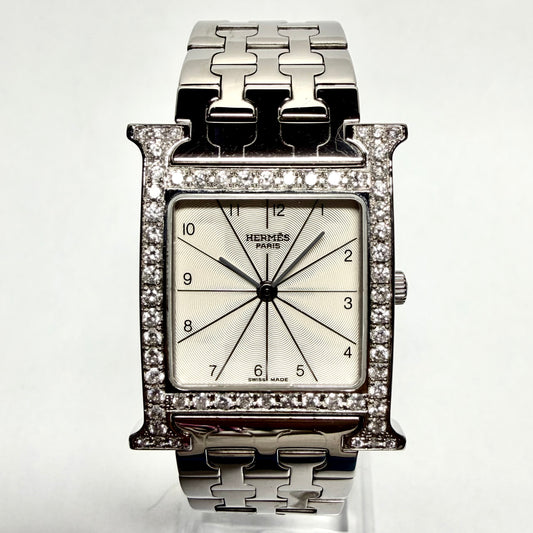 HERMÈS HEURE H Quartz 29mm Steel 1.75TCW DIAMOND Watch Off White Dial