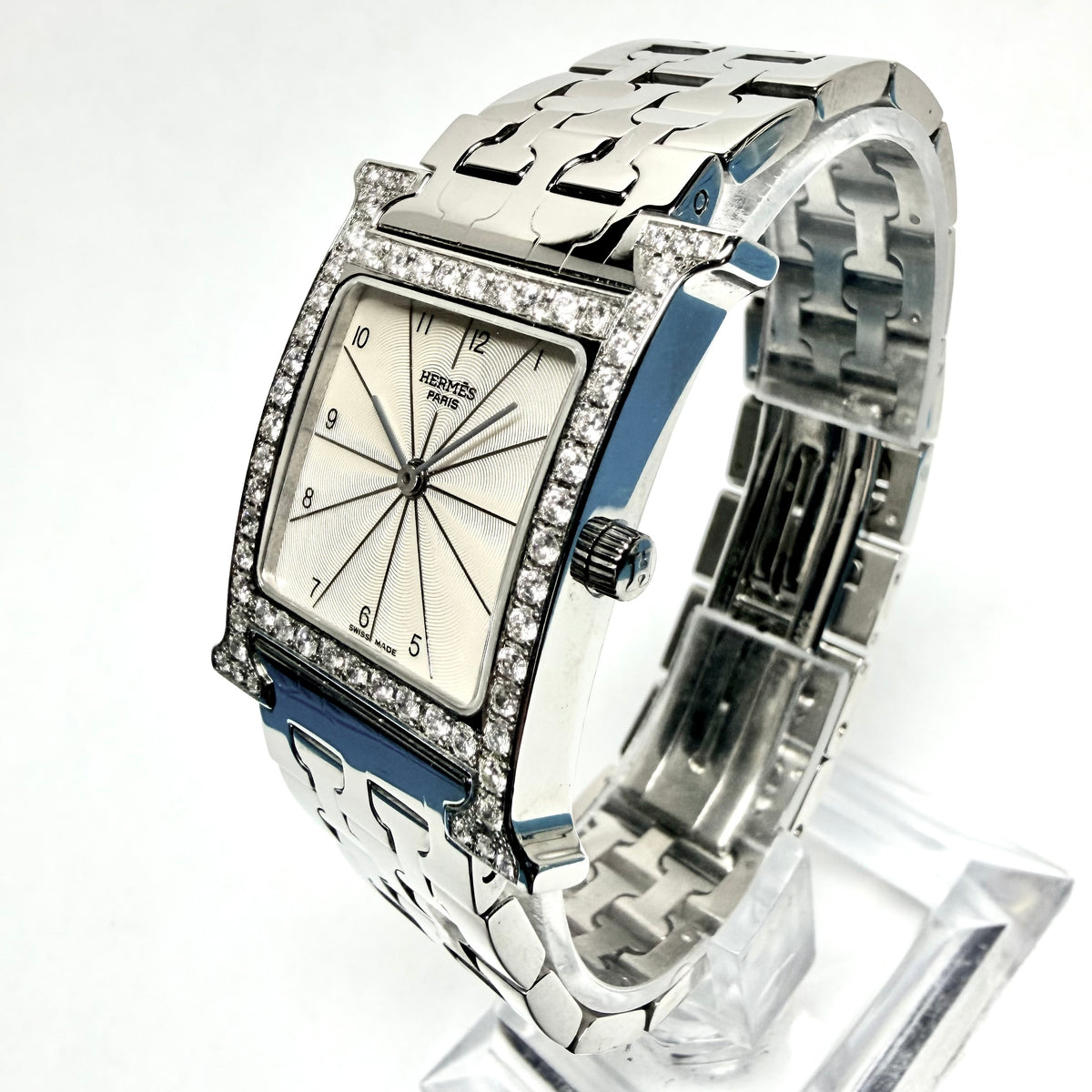 HERMÈS HEURE H Quartz 29mm Steel 1.75TCW DIAMOND Watch Off White Dial