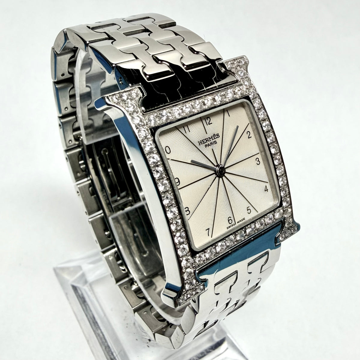 HERMÈS HEURE H Quartz 29mm Steel 1.75TCW DIAMOND Watch Off White Dial