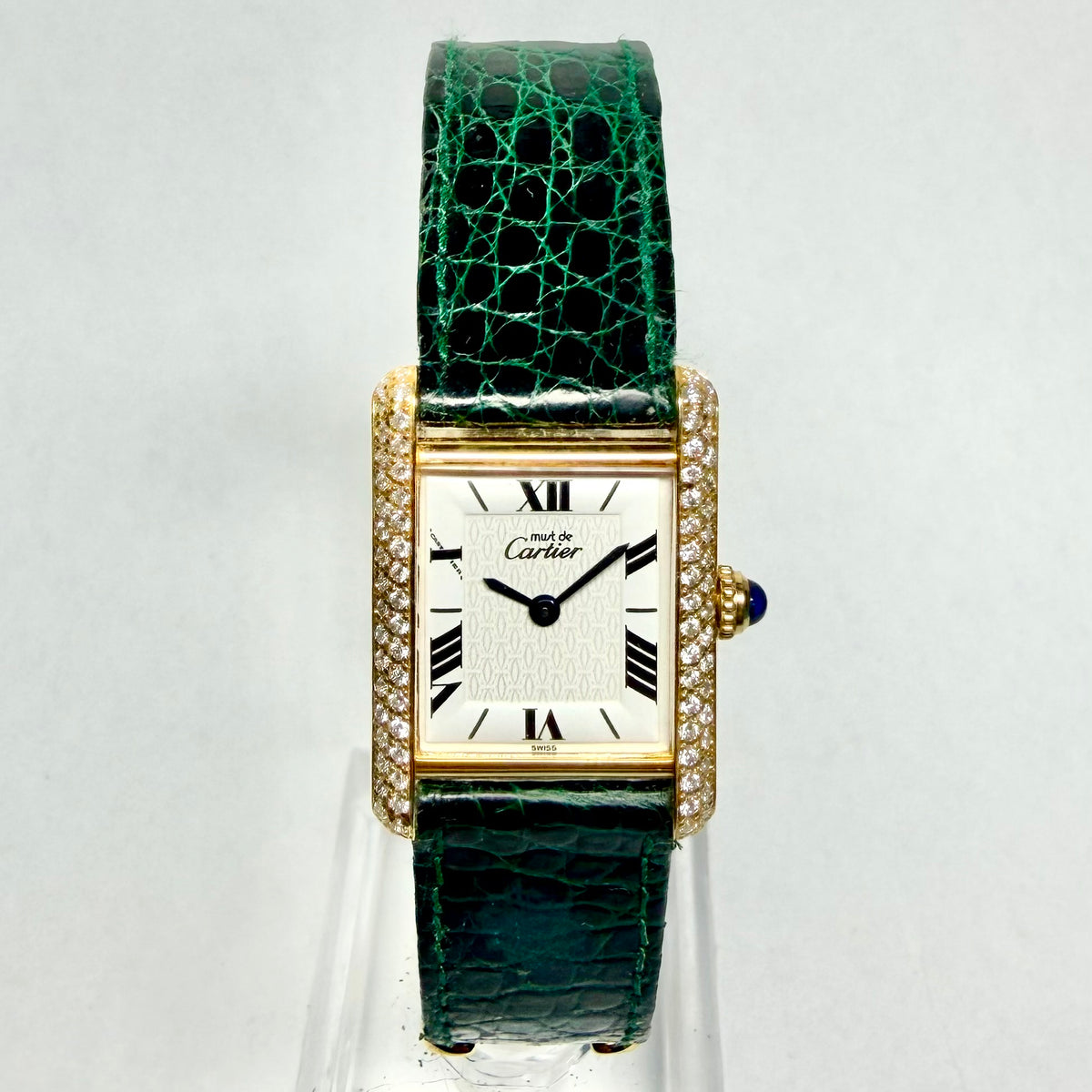 Must de CARTIER TANK VERMEIL Quartz 20mm GP Silver 0.63TCW Diamond Watch White Logo Dial