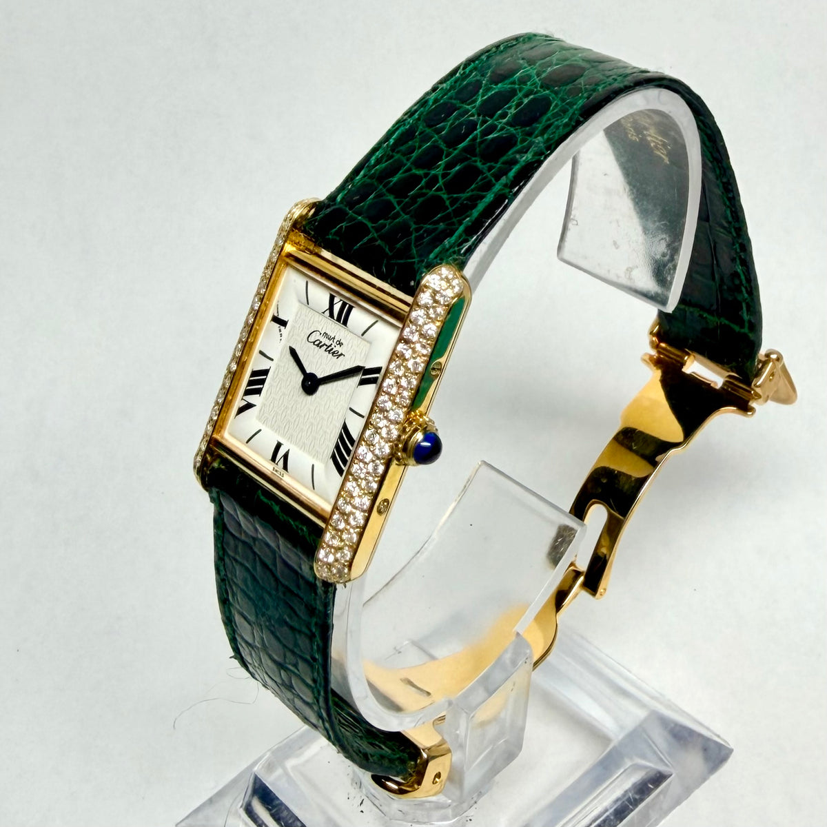 Must de CARTIER TANK VERMEIL Quartz 20mm GP Silver 0.63TCW Diamond Watch White Logo Dial