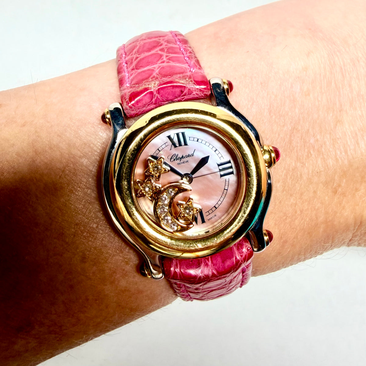 CHOPARD HAPPY SPORT 26mm 2 Tone Floating Diamond Stars and Moon Watch Pink MOP Dial
