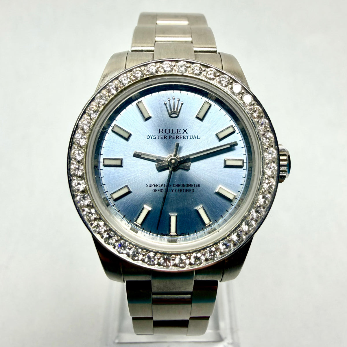 ROLEX Oyster Perpetual Automatic 26mm Steel Diamond Bezel Watch Blue Dial