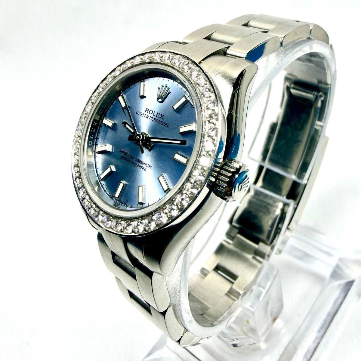 ROLEX Oyster Perpetual Automatic 26mm Steel Diamond Bezel Watch Blue Dial