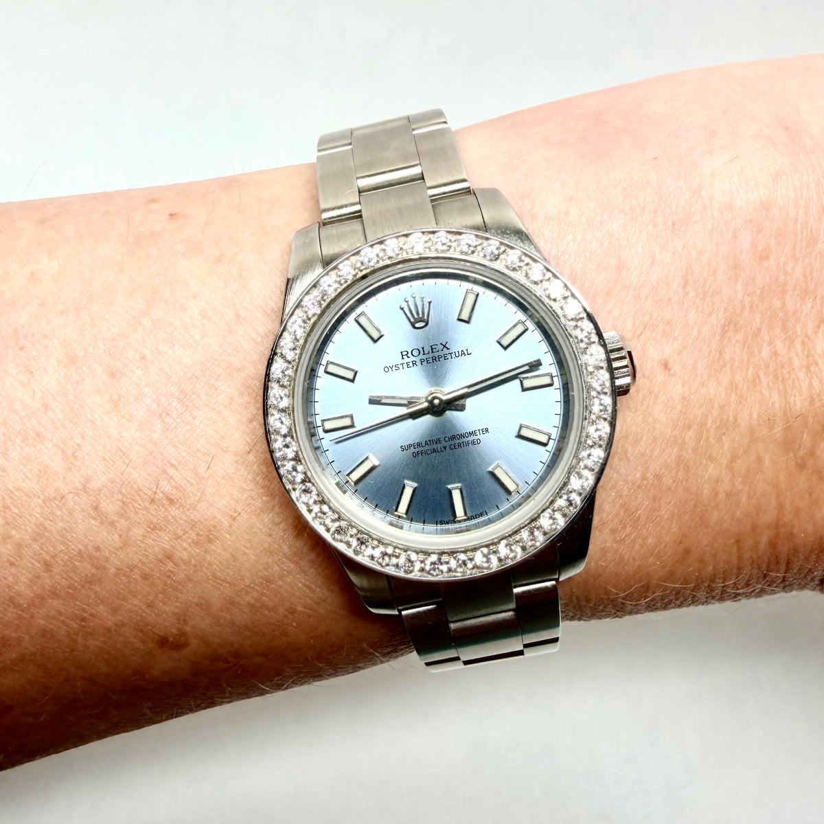 ROLEX Oyster Perpetual Automatic 26mm Steel Diamond Bezel Watch Blue Dial