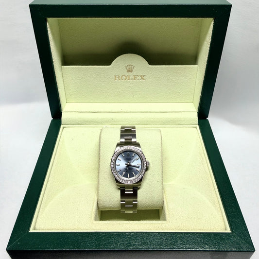 ROLEX Oyster Perpetual Automatic 26mm Steel Diamond Bezel Watch Blue Dial