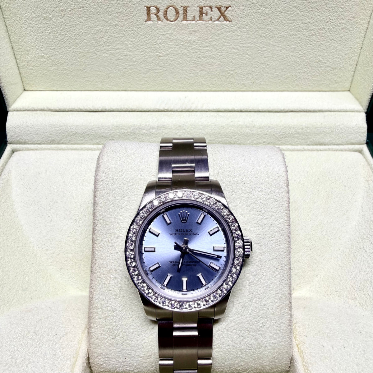 ROLEX Oyster Perpetual Automatic 26mm Steel Diamond Bezel Watch Blue Dial