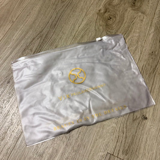 VIX Paulahermanny Clear Plastic Zipper with Gold Logo Bag Pouch 11.90x8.25”