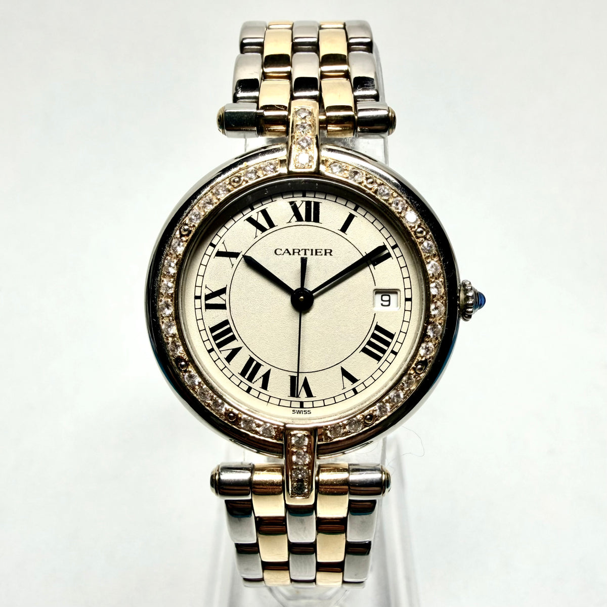CARTIER PANTHERE VENDOME 30mm Quartz 2 Row Gold 0.5TCW Diamond Watch Cream Dial