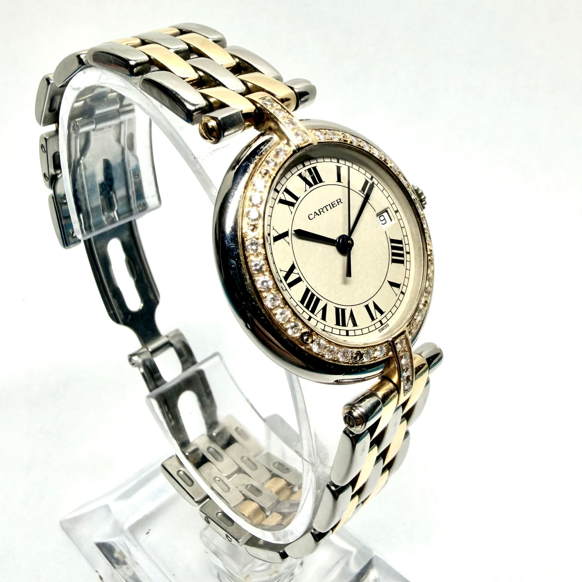 CARTIER PANTHERE VENDOME 30mm Quartz 2 Row Gold 0.5TCW Diamond Watch Cream Dial