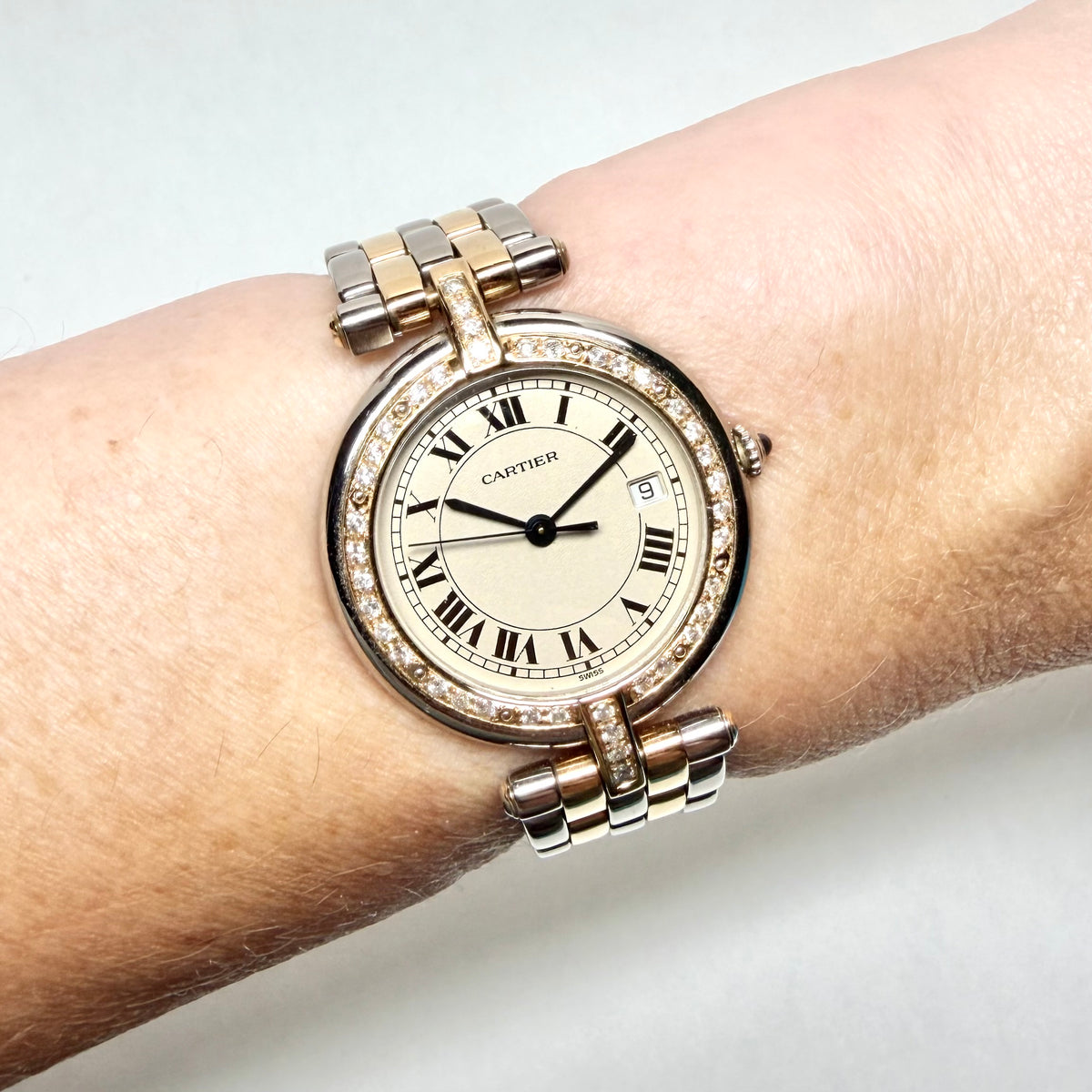 CARTIER PANTHERE VENDOME 30mm Quartz 2 Row Gold 0.5TCW Diamond Watch Cream Dial