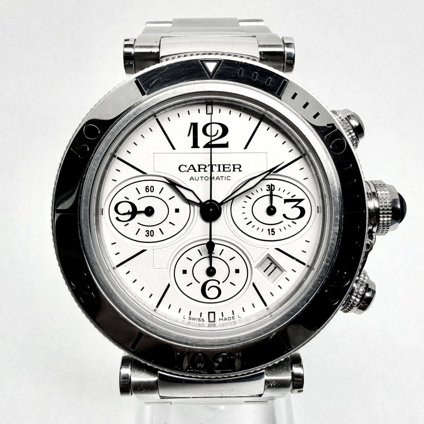 CARTIER PASHA Chronograph Automatic 42mm Steel Watch White Dial