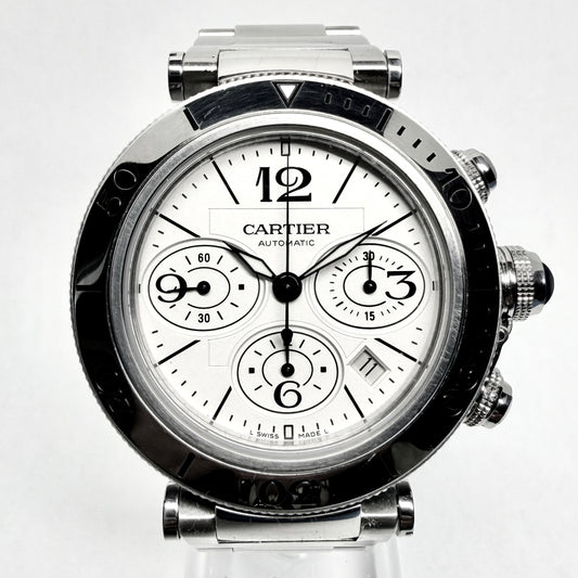 CARTIER PASHA Chronograph Automatic 42mm Steel Watch White Dial