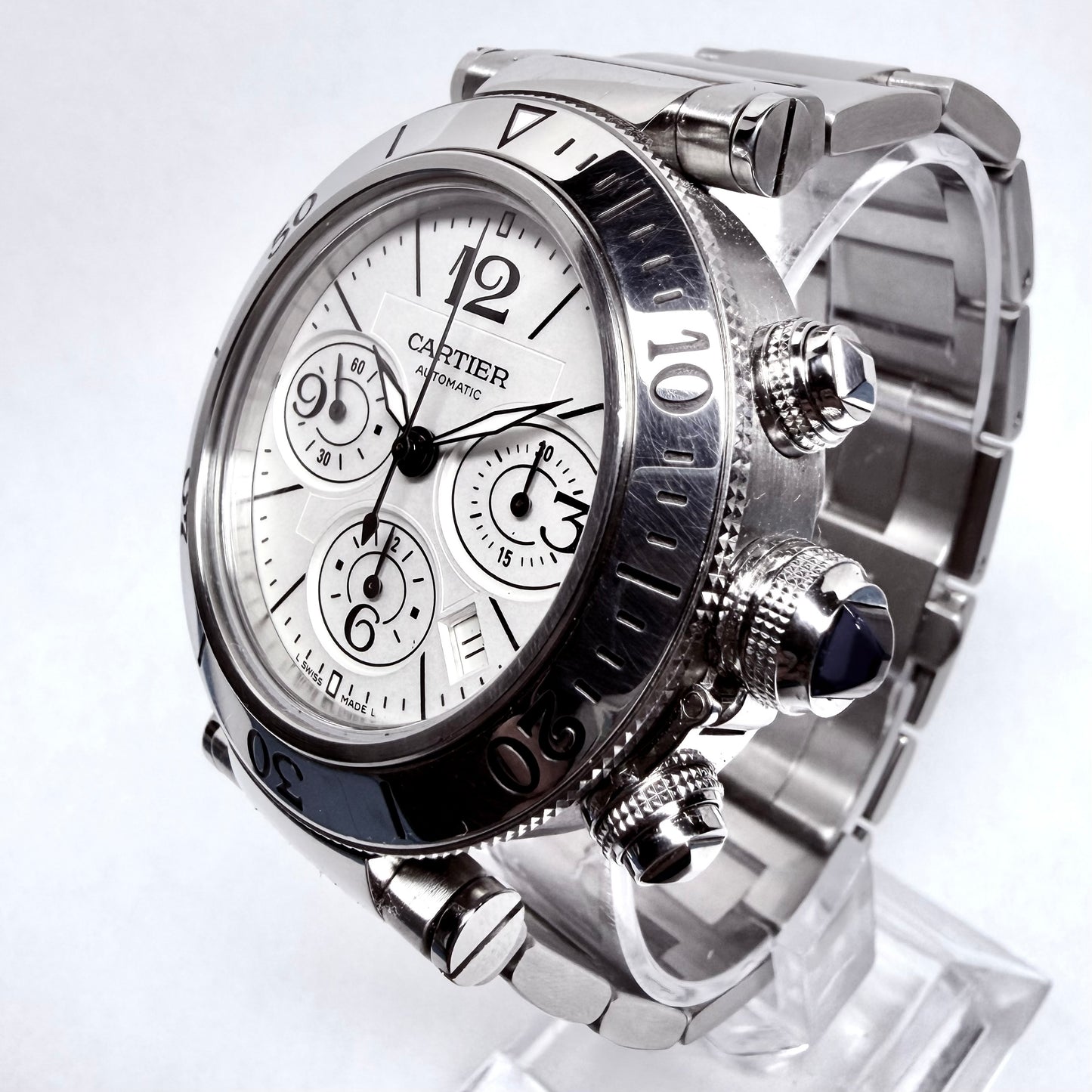CARTIER PASHA Chronograph Automatic 42mm Steel Watch White Dial