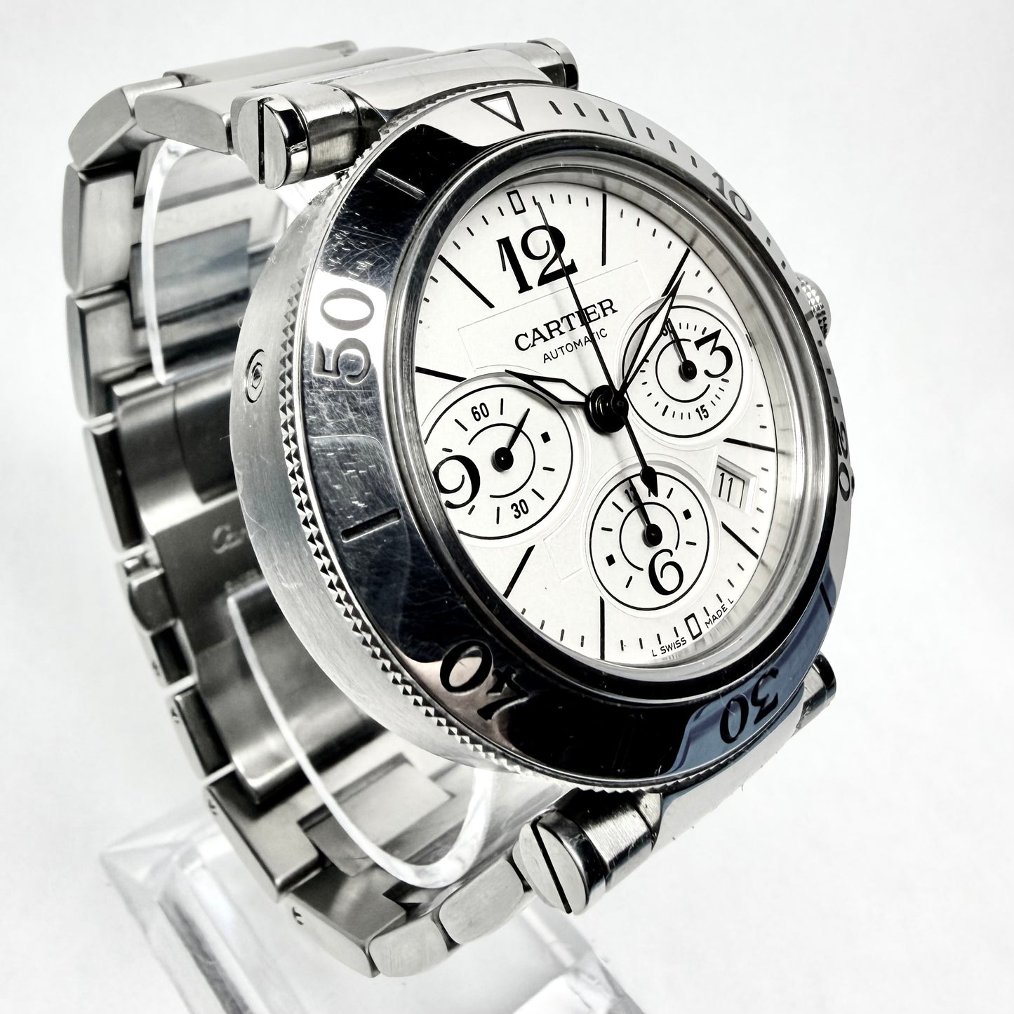 CARTIER PASHA Chronograph Automatic 42mm Steel Watch White Dial