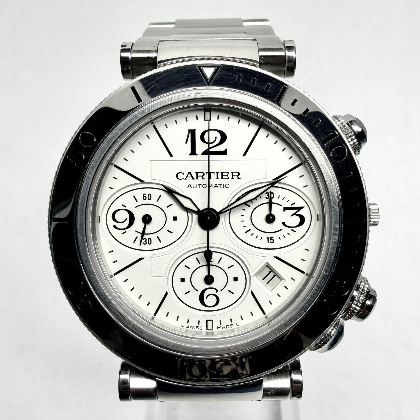 CARTIER PASHA Chronograph Automatic 42mm Steel Watch White Dial