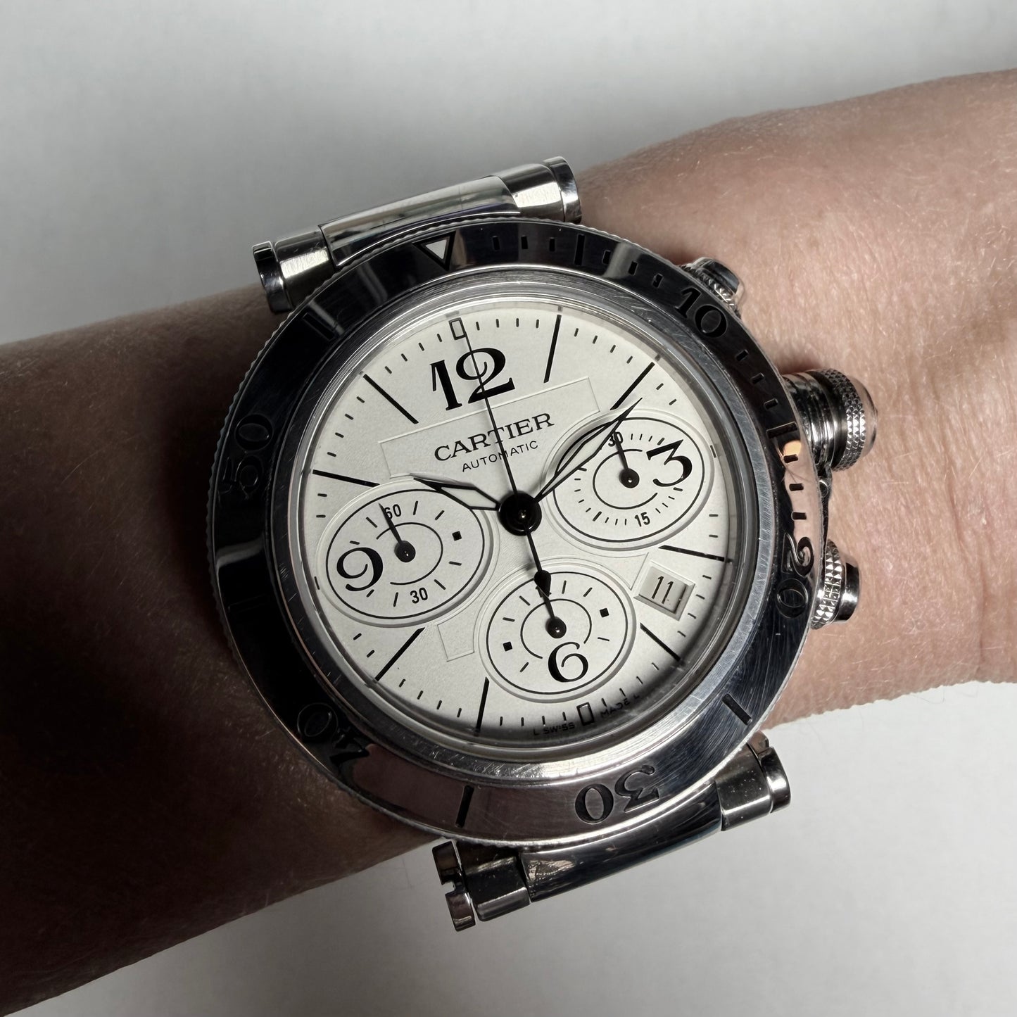 CARTIER PASHA Chronograph Automatic 42mm Steel Watch White Dial