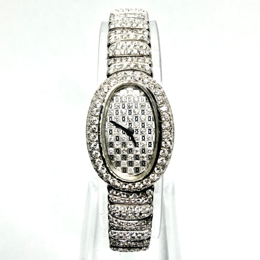 CARTIER BAIGNOIRE Mini Quartz 18mm 18K White Gold ~7TCW Watch Factory Diamond Pave Dial