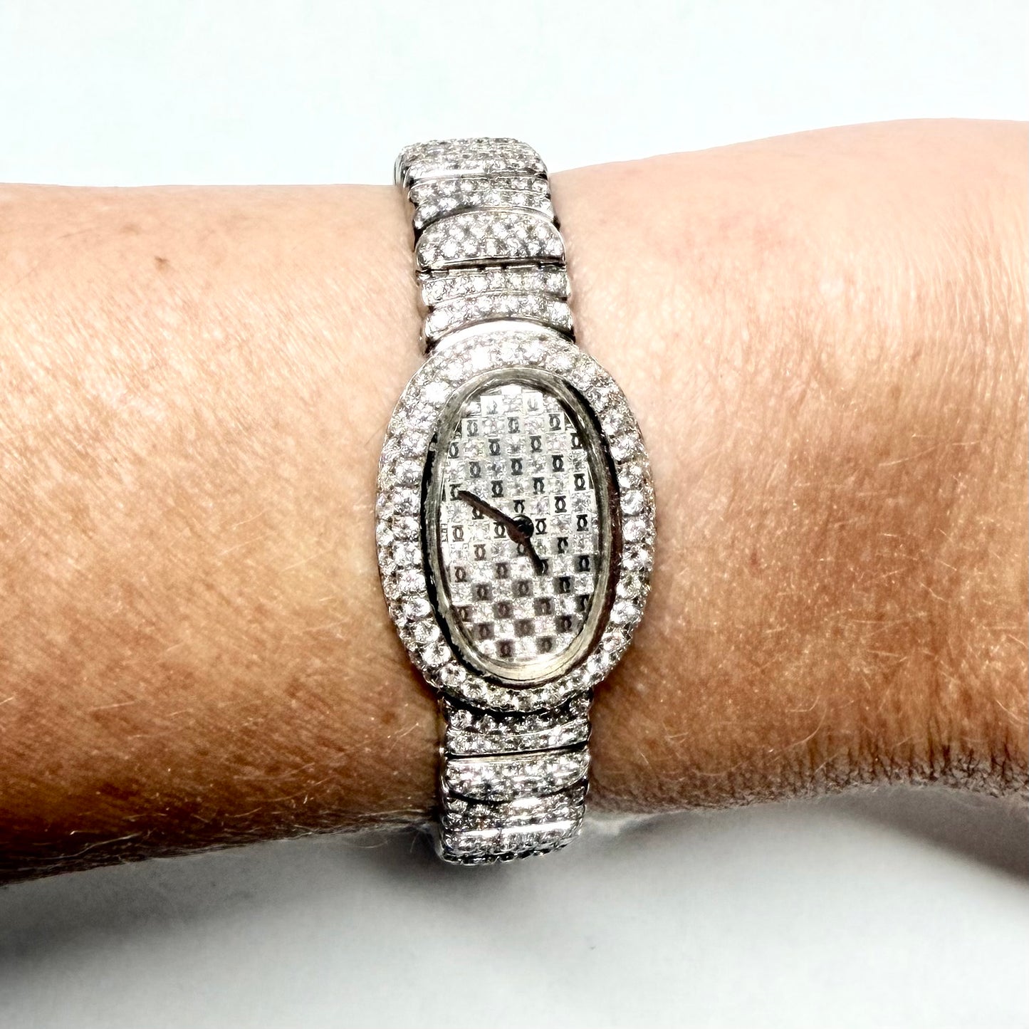 CARTIER BAIGNOIRE Mini Quartz 18mm 18K White Gold ~7TCW Watch Factory Diamond Pave Dial