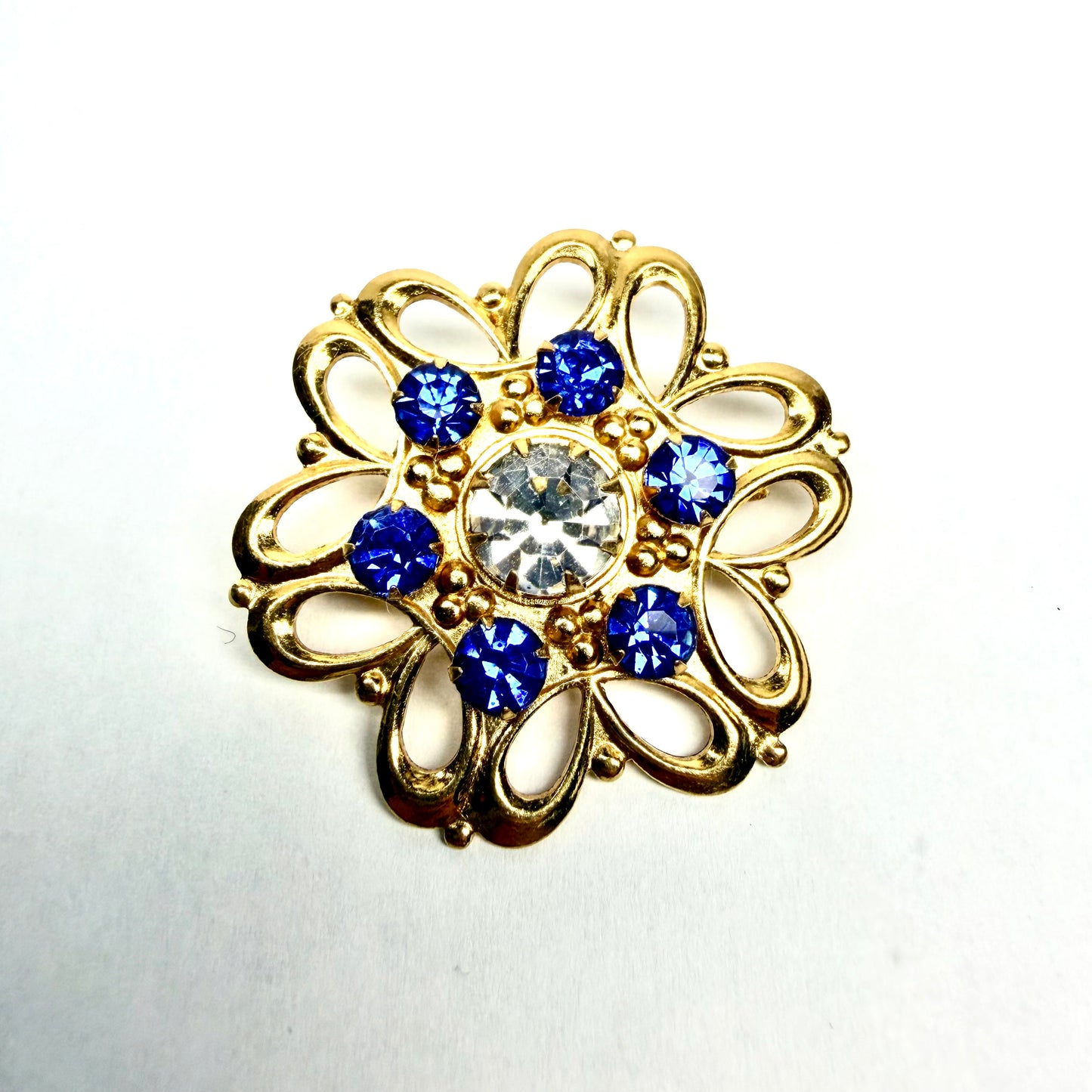 Vintage Gold Tone Brooch with White and Blue Stones