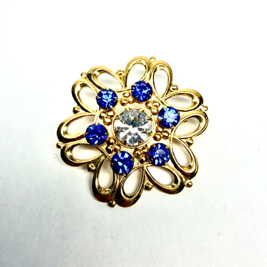 Vintage Gold Tone Brooch with White and Blue Stones