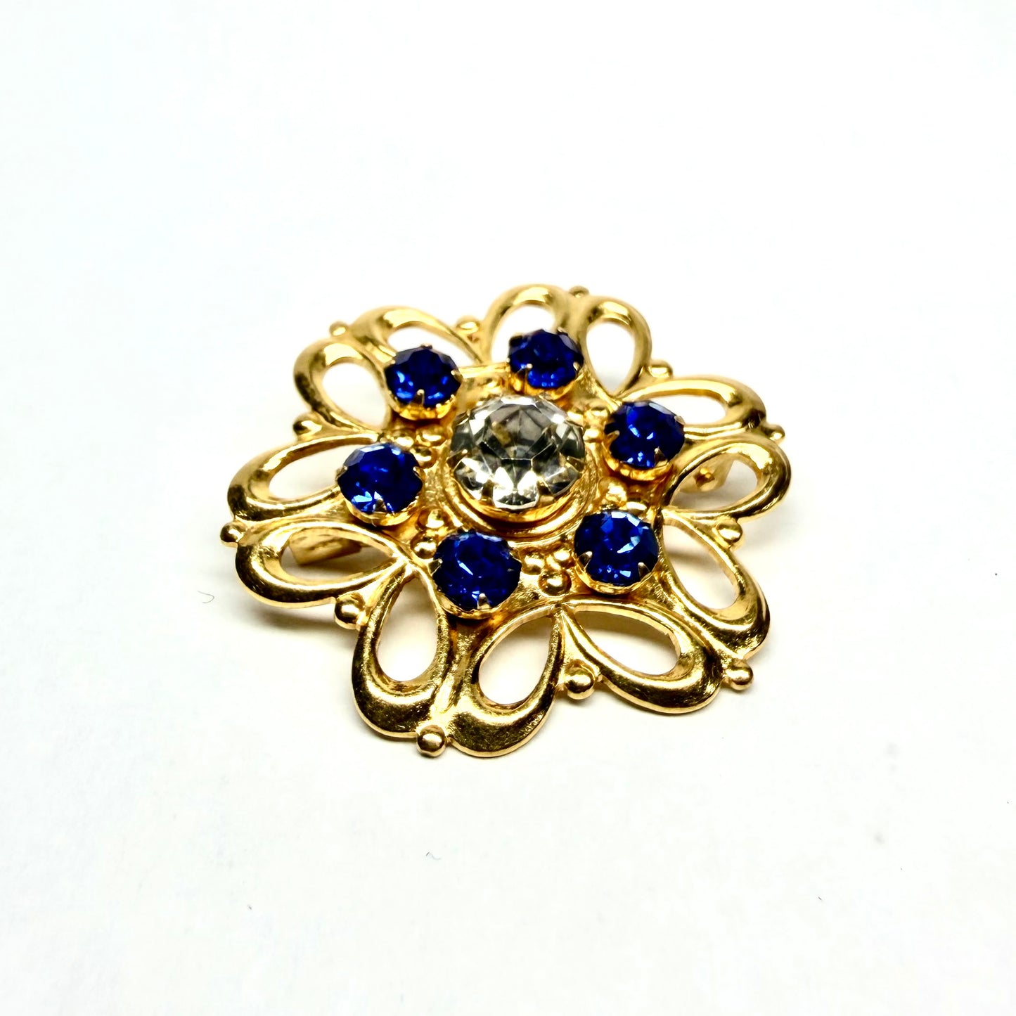 Vintage Gold Tone Brooch with White and Blue Stones