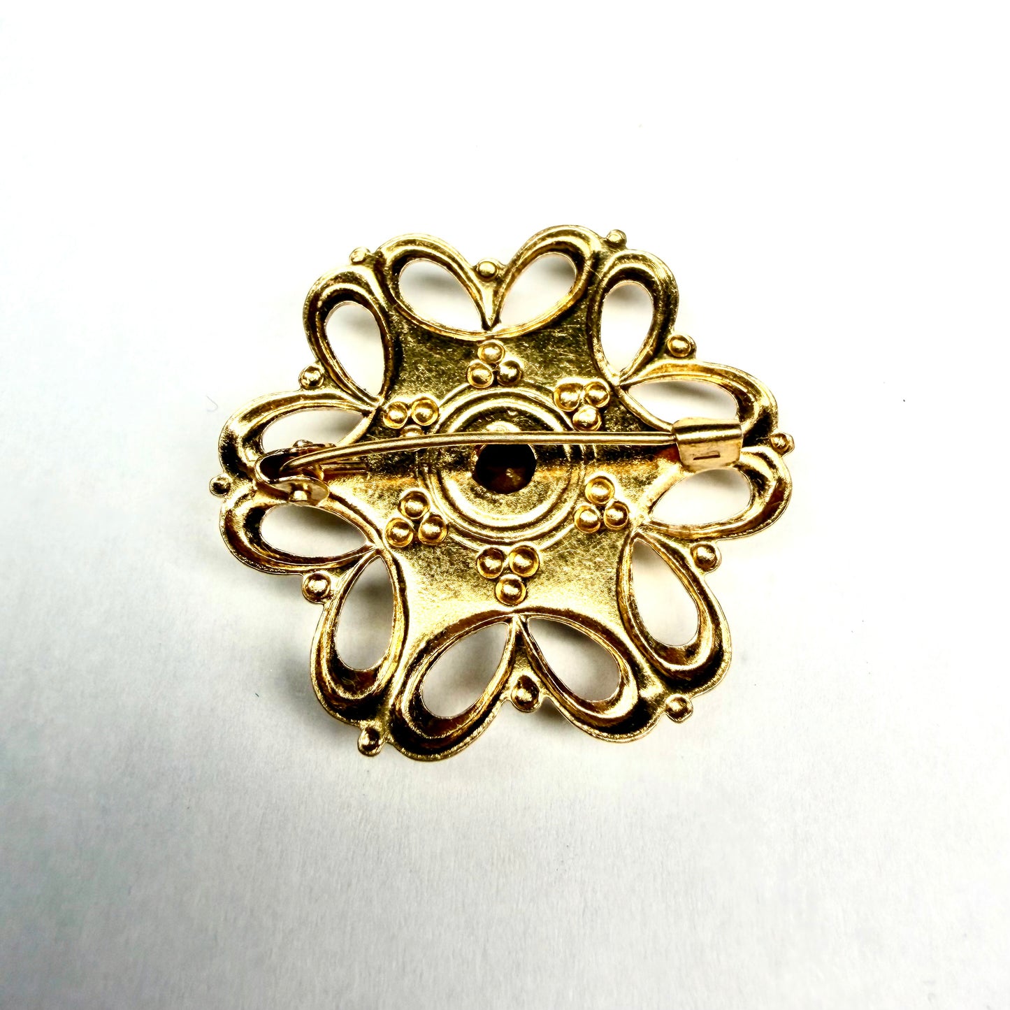 Vintage Gold Tone Brooch with White and Blue Stones
