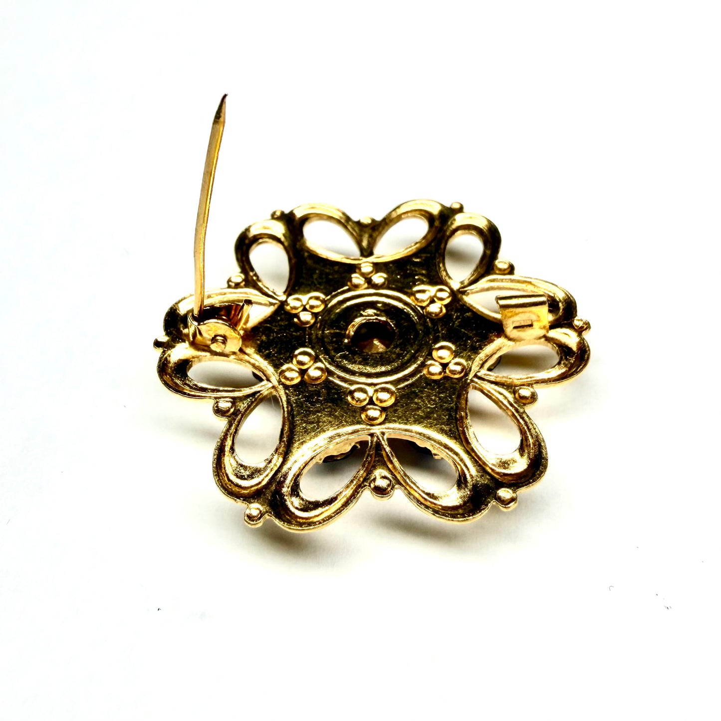 Vintage Gold Tone Brooch with White and Blue Stones