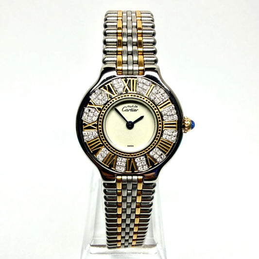 CARTIER MUST 21 Quartz 28mm 2 Tone ~0.6TCW Diamond Watch Cream Dial