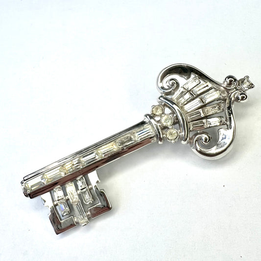 TRIFARI Rhodium Plated Sterling Silver Key Brooch with Rhinestones