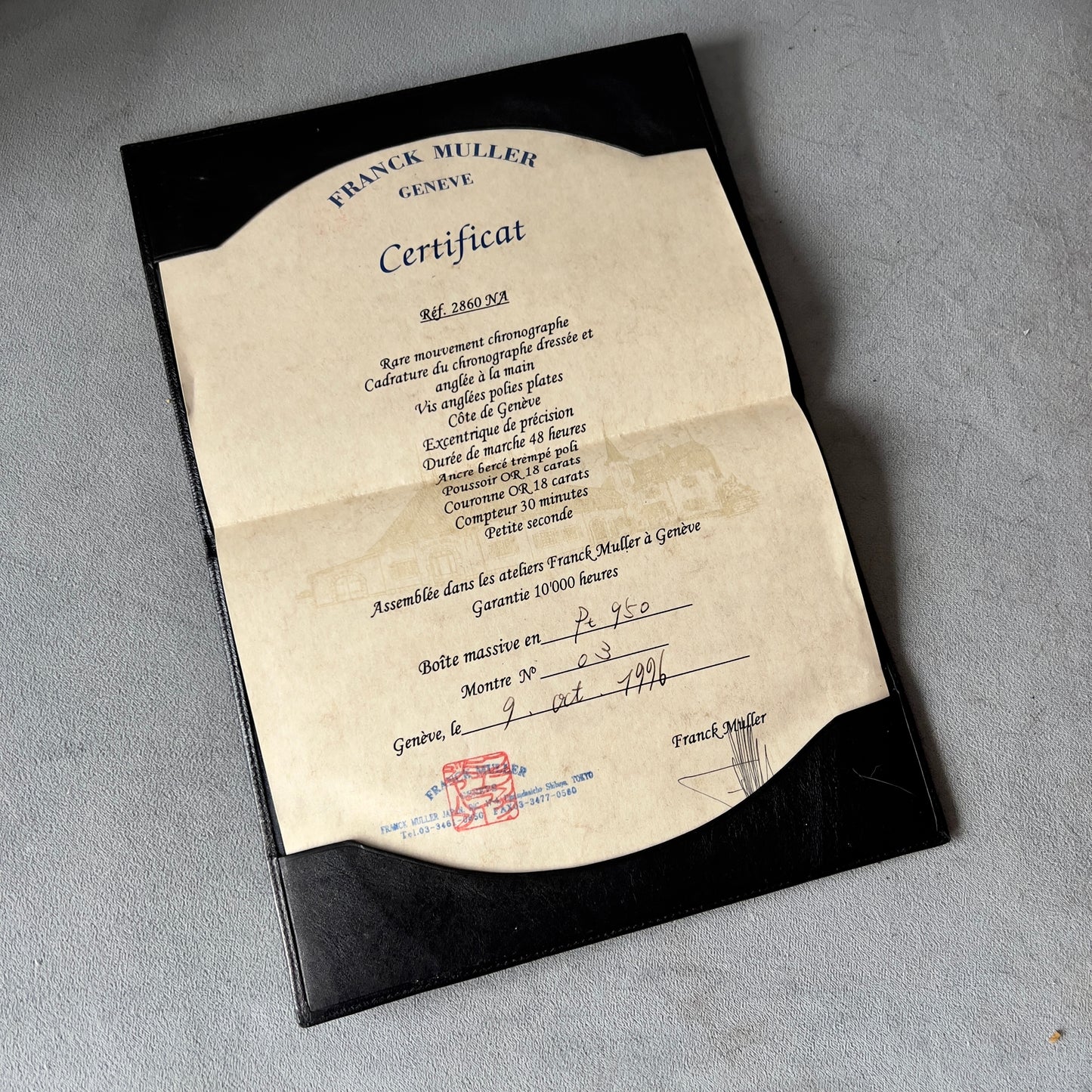 FRANCK MULLER Certificate of Origin & Warranty FILLED OUT + Folder 8.60x6.10”