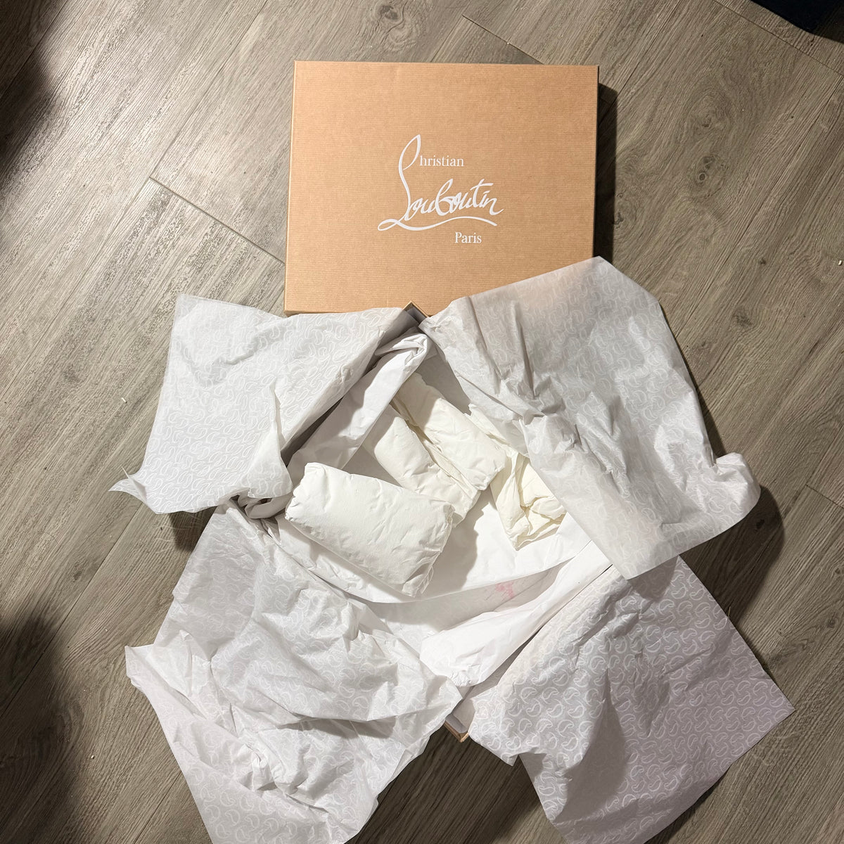 Christian Louboutin tan Shoe Box 12x10.10x4” + Original Tissue