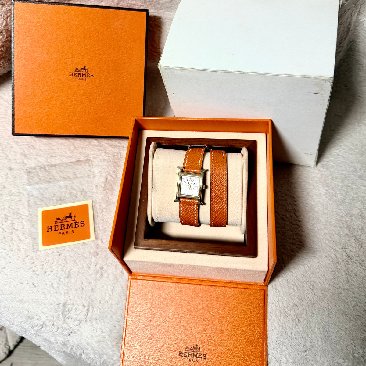 HERMES HEURE H 25mm Two Tone Watch Hermes Double Tour Orange Leather Band  Silver Dial