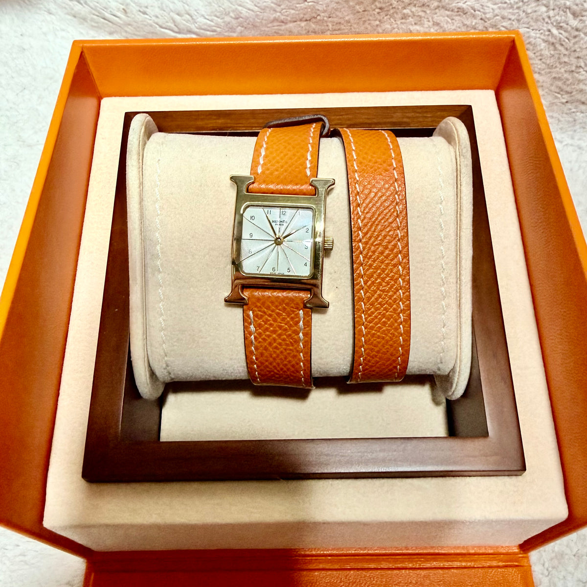 HERMES HEURE H 25mm Two Tone Watch Hermes Double Tour Orange Leather Band  Silver Dial