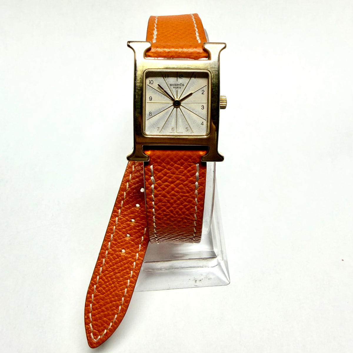 HERMES HEURE H 25mm Two Tone Watch Hermes Double Tour Orange Leather Band  Silver Dial