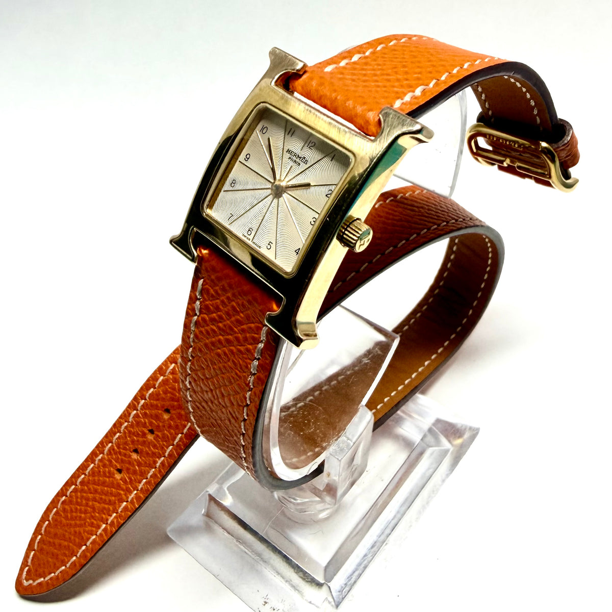 HERMES HEURE H 25mm Two Tone Watch Hermes Double Tour Orange Leather Band  Silver Dial