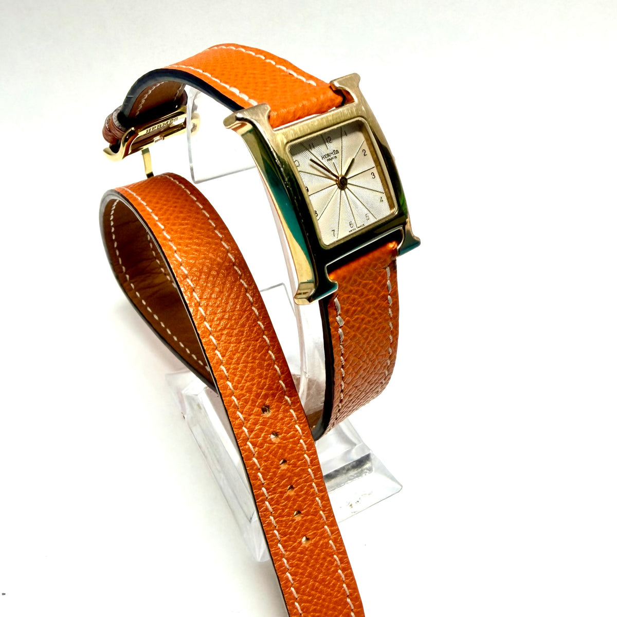 HERMES HEURE H 25mm Two Tone Watch Hermes Double Tour Orange Leather Band  Silver Dial