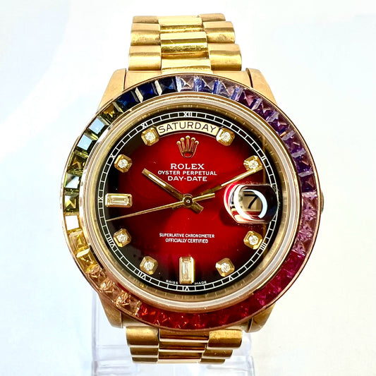 ROLEX DAY-DATE Automatic 38mm 18K Yellow Gold Watch Rainbow Bezel